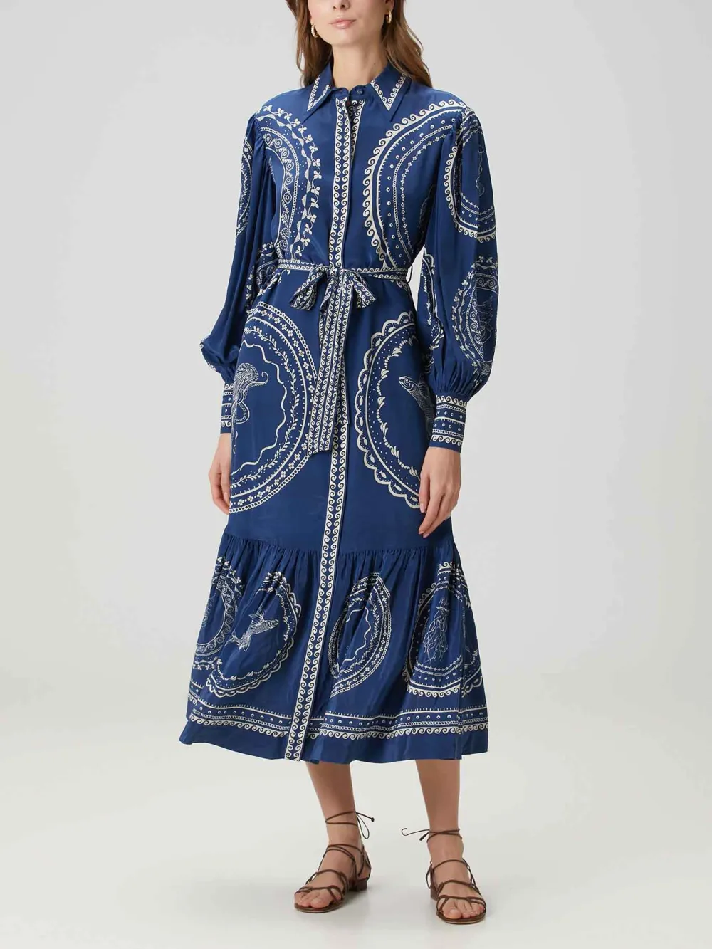 Ocean Print Lace Up Single Breasted Midi Dress