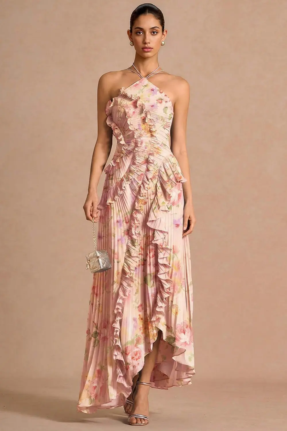 Pleated Frill Halter Neck Midi Dress