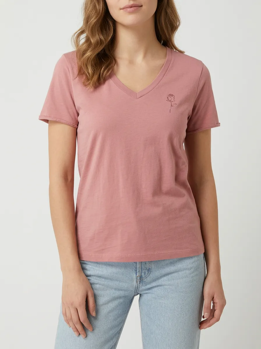 Women's Minimalist Rose Floral Printed V-Neck T-shirt