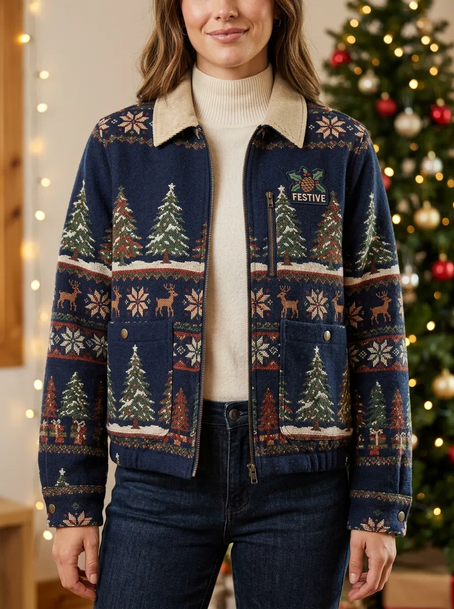 Christmas Holiday Reindeer Tree Pattern Print Jacket