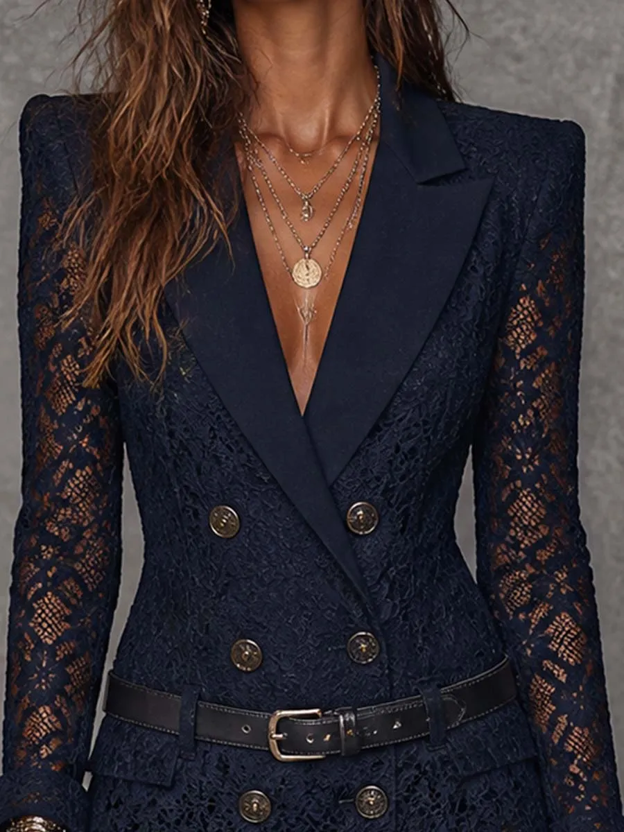 Double Breasted Notched Lapel Long Sleeve Navy Floral Lace Blazer Mini Dress With Belt