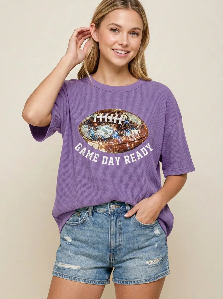 Women's Football Fan Game Day Ready Sequin Printed T-shirt