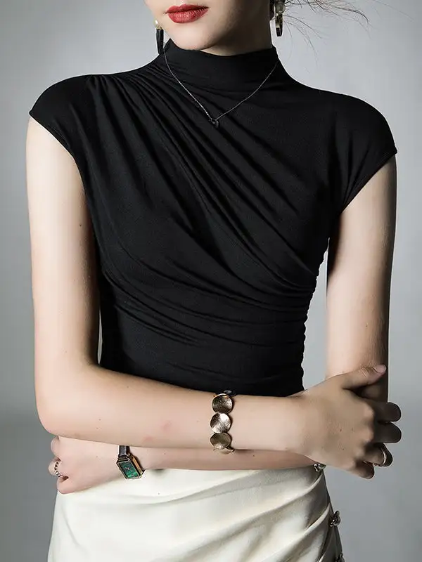 Slim Fit Pleat Detail Mock Neck T-Shirt