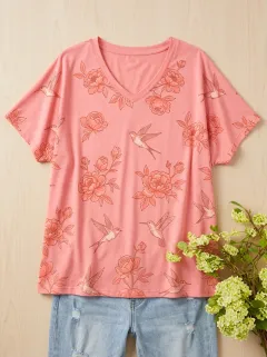 Hummingbird Floral V-Neck Women's Loose Printed T-Shirt