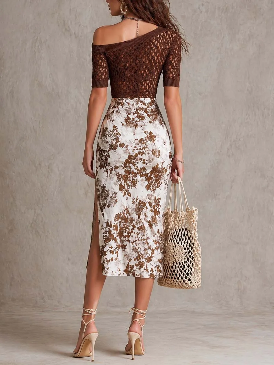 Brown Crochet Off-Shoulder Top And Vintage Floral Midi Skirt Two-Piece Set