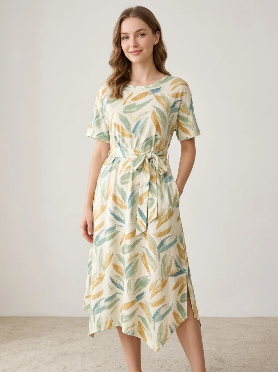 Women's Botanical Leaf Pattern Printed Midi Dress