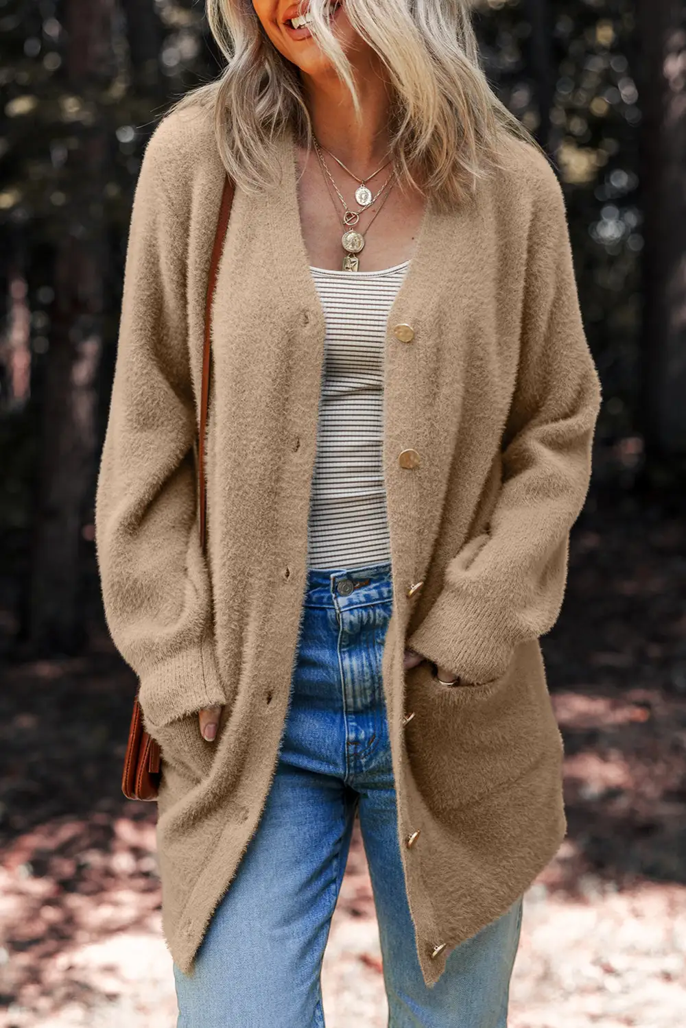 Fuzzy Button Front Midi Solid Everyday Layer Cardigan