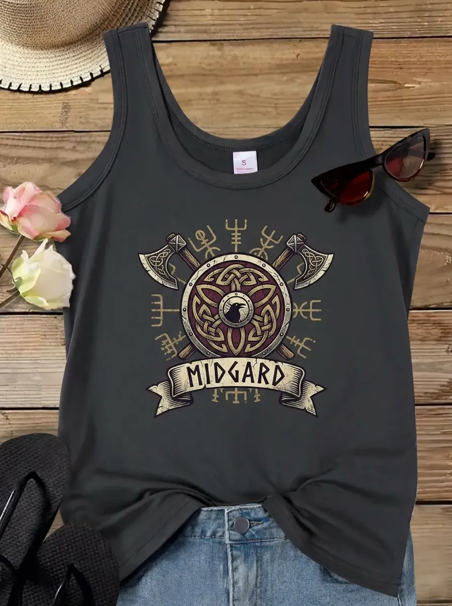 Women's Viking Midgard Raven Axe Shield Printed Tank Top