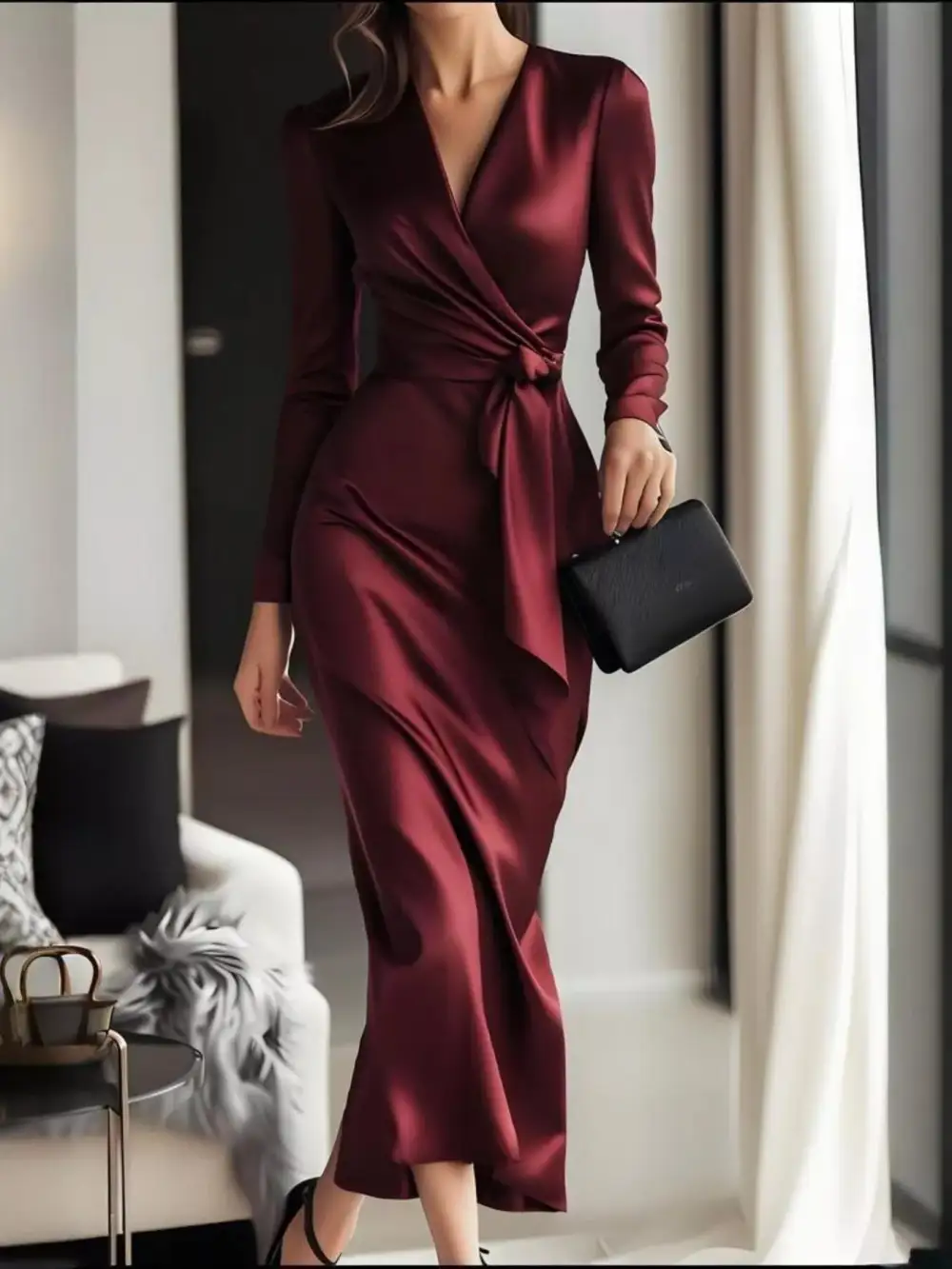 Surplice Long-Sleeve Satin Casual Dress