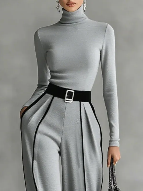Refined High-High-Neck Top and Wide-Leg Pants Set