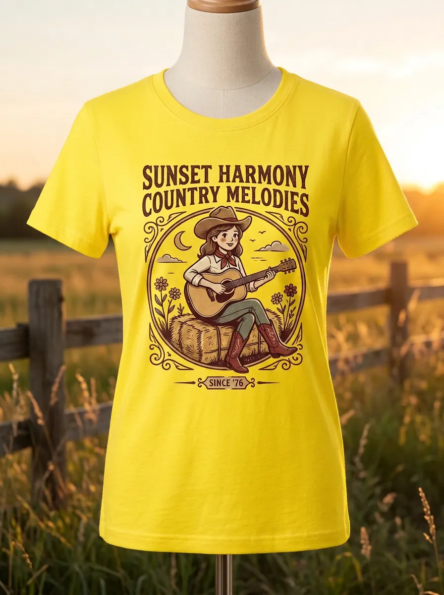 Western-Inspired Country Music Cowgirl Guitar Crew Neck T-Shirt