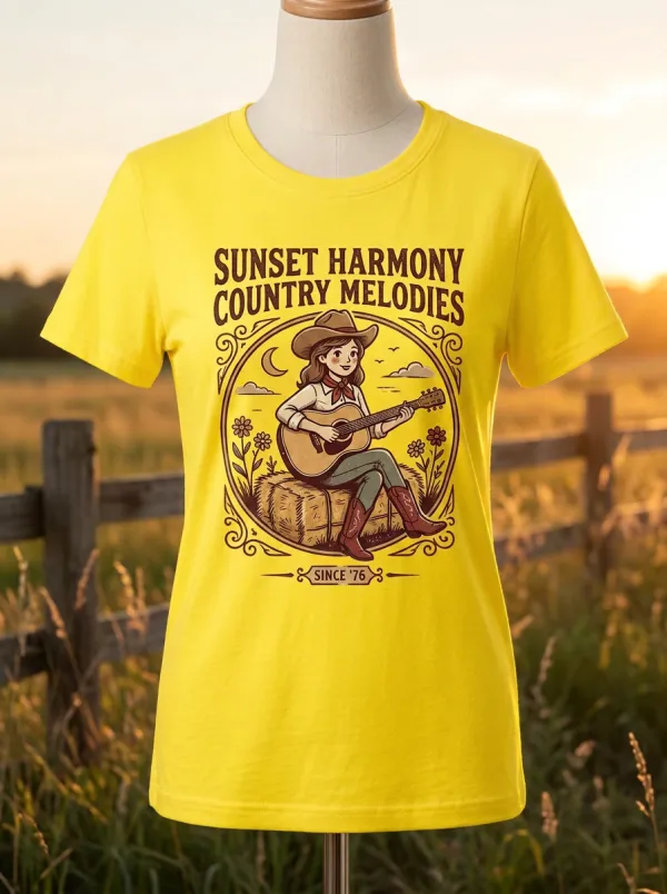 Western-Inspired Country Music Cowgirl Guitar Crew Neck T-Shirt