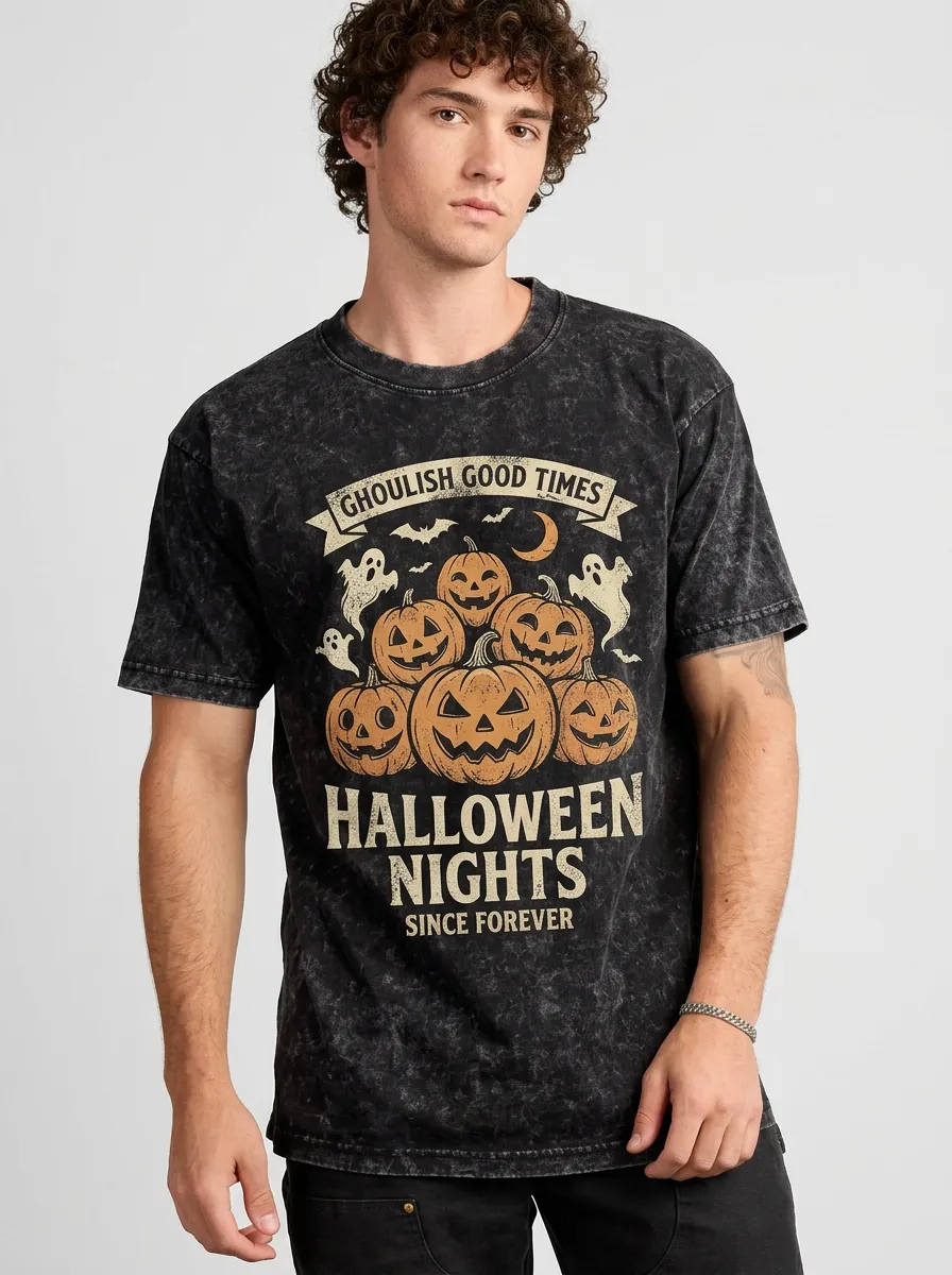 Men's Halloween Pumpkin Ghost Graphic Printed Acid Wash T-shirt