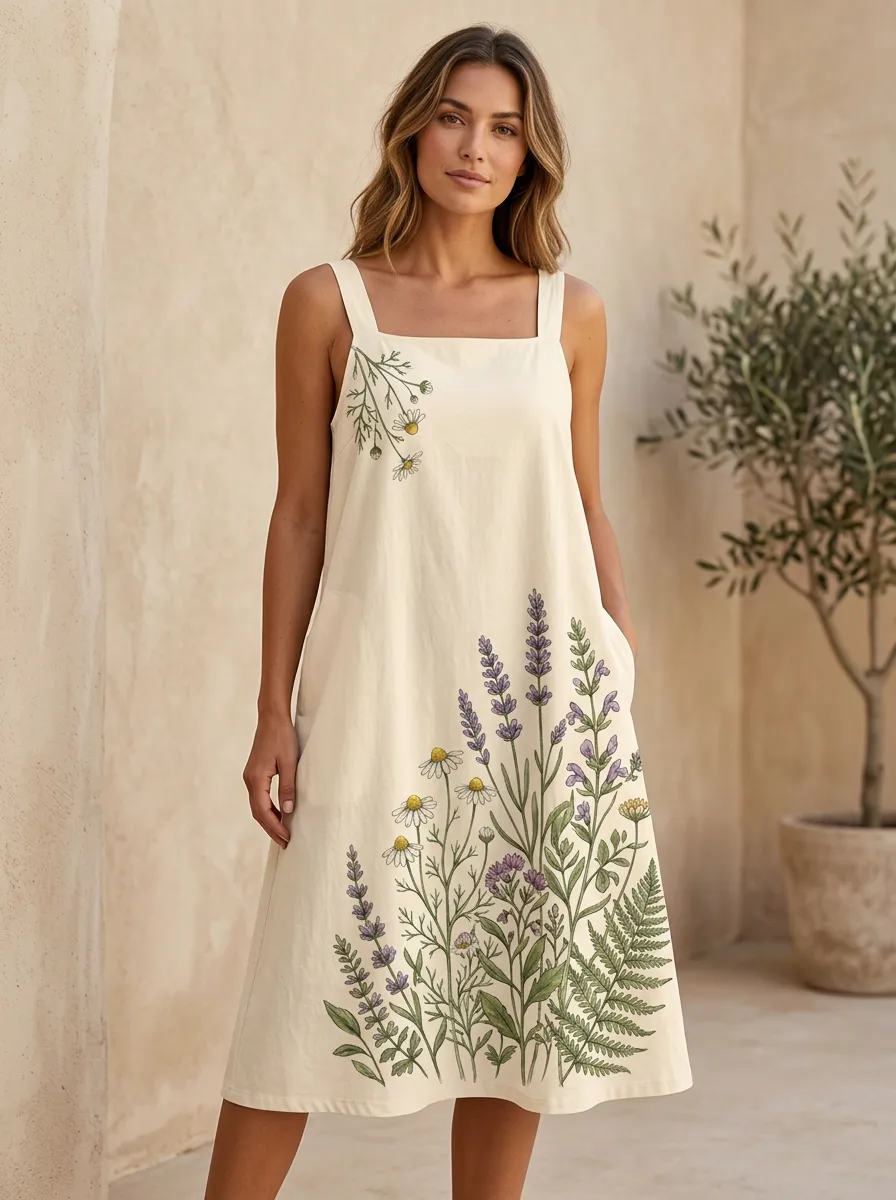 Women's Botanical Floral Lavender Daisy Printed Sleeveless Dress