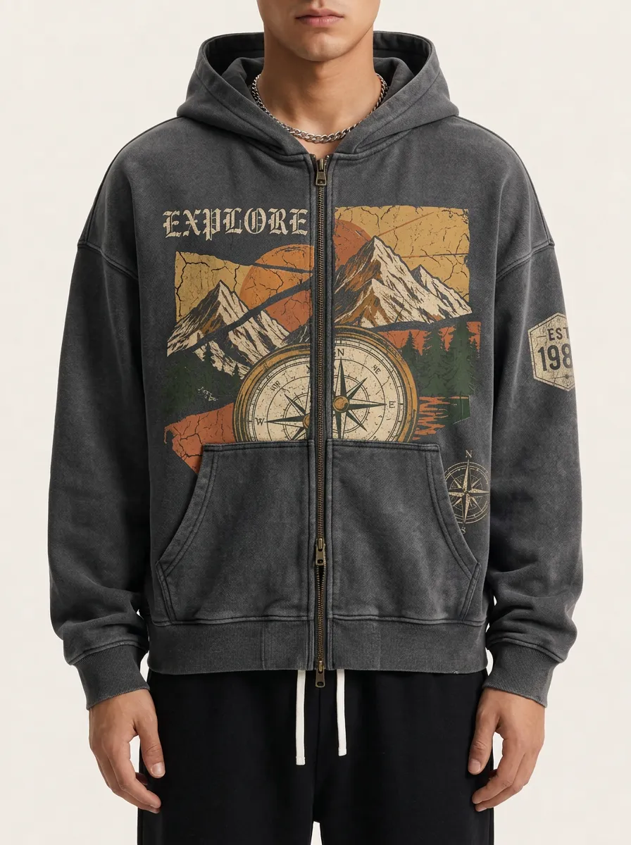 Men's Outdoor Adventure Explore Mountain Compass Printed Zip-up Hoodie