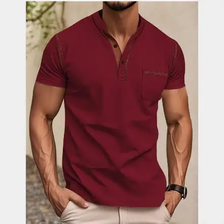 Men's Modern Short-Sleeve Henley With Stand Collar Contrast Stitching And Patch Chest Pocket