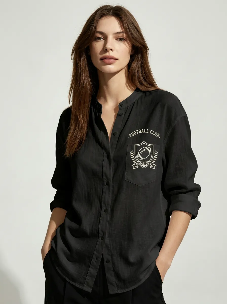 Women's Football Club Game Day Rugby Emblem Printed Button-up Shirt