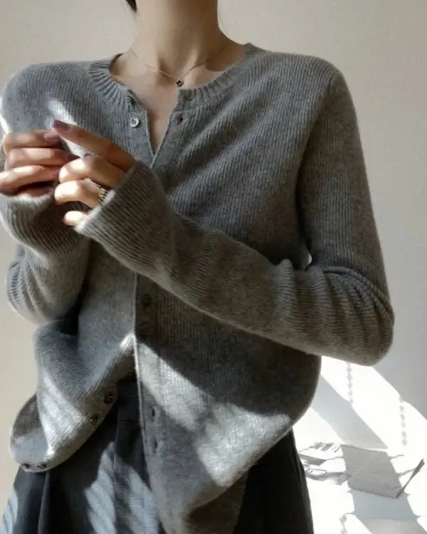 Modern Wool Button-Front Round-Neck Cardigan