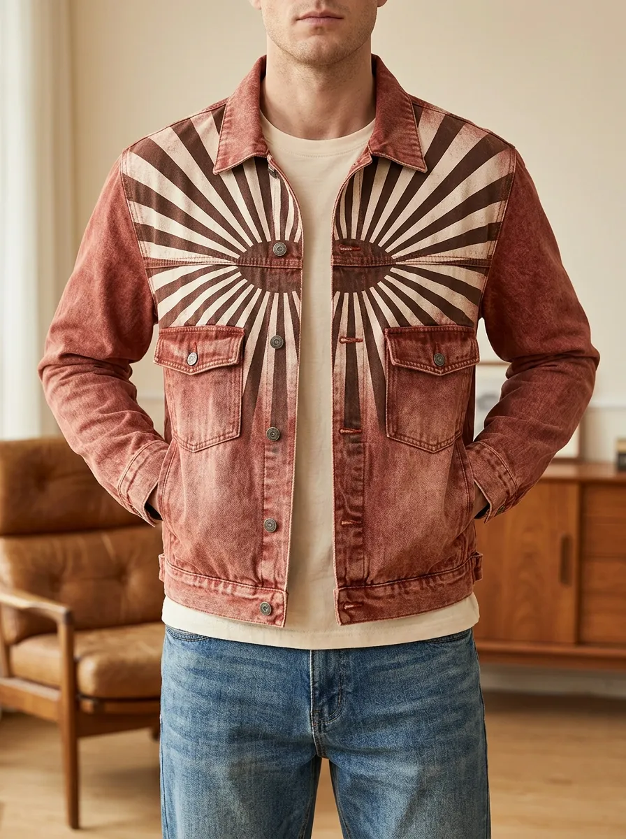 Men's Vintage Retro Sunburst Graphic Printed Denim Jacket