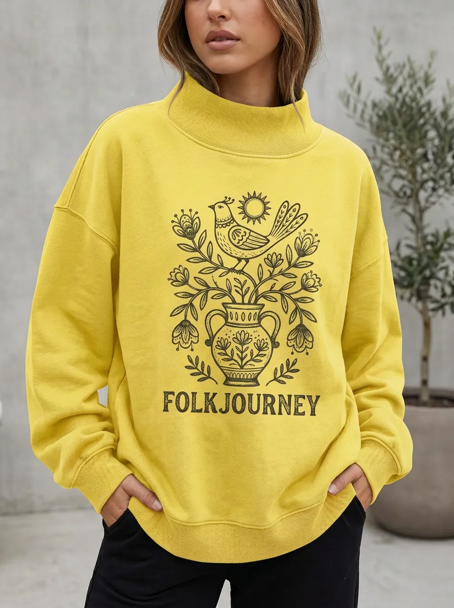 Women's Folk Art Bird Floral Vase Printed Sweatshirt