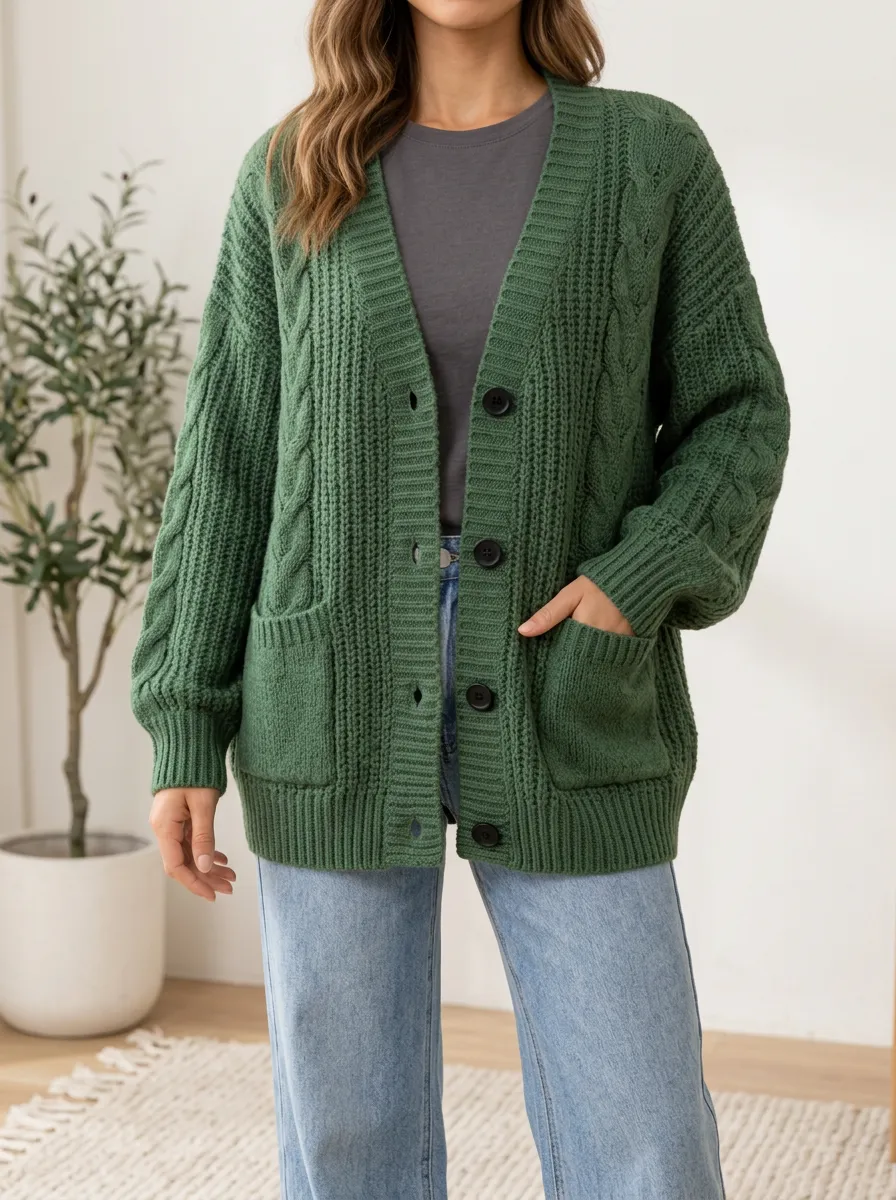 Women's Cable Knit Button Front V Neck Polished Casual Cardigan