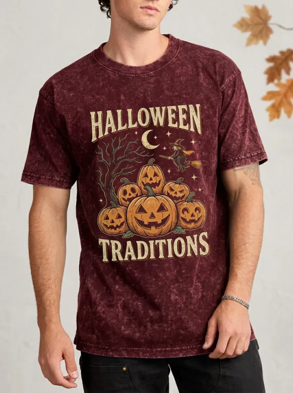 Men's Halloween Traditions Pumpkin Witch Printed T-shirt