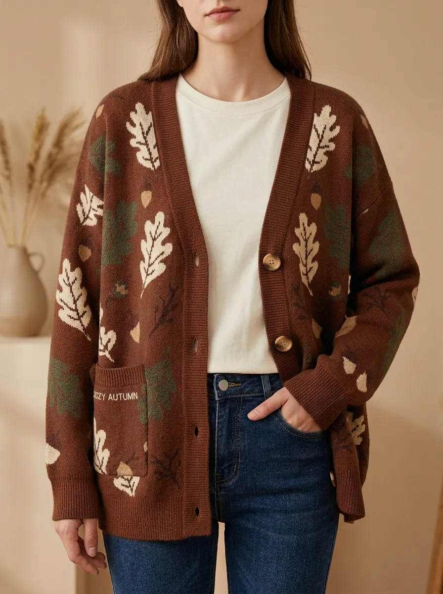 Botanical Oak Leaf Acorn Pattern Embroidered Women's Knit Cardigan
