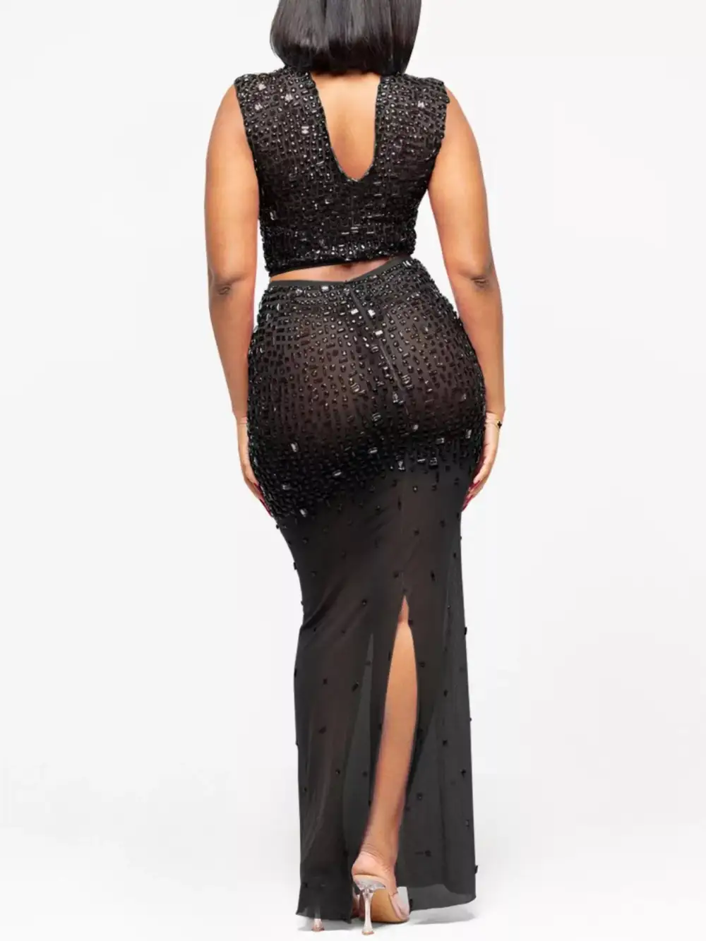 Sleek Rhinestone Sleeveless Top And Skirt Set