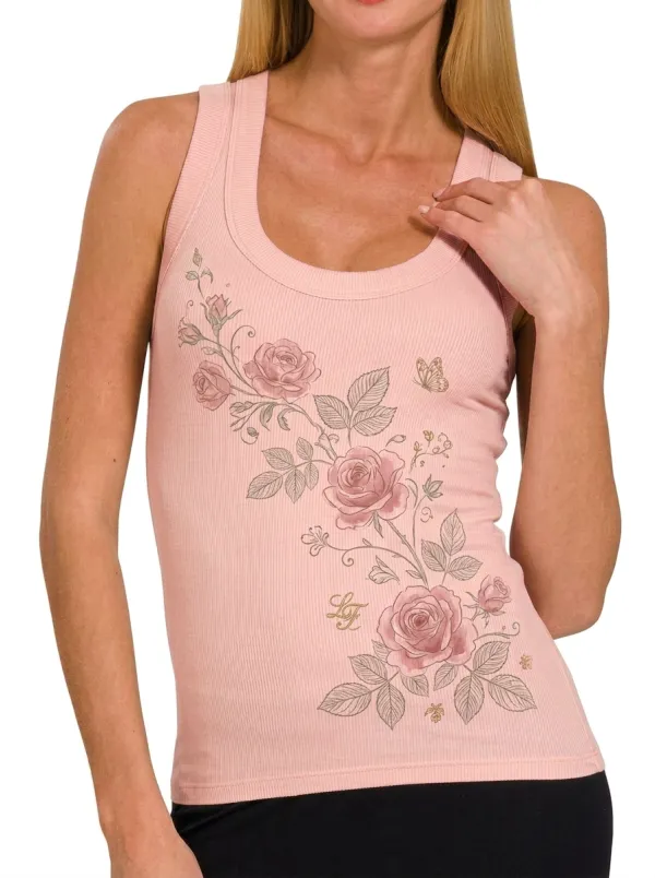 Women's Floral Aesthetic Rose Butterfly Printed Ribbed Tank Top