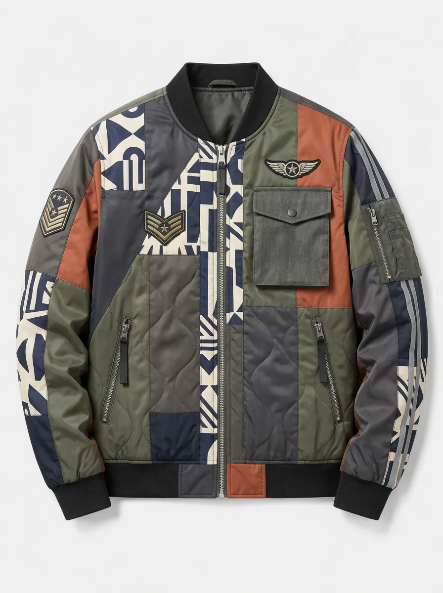 Men's Military Style Patchwork Pattern Printed Bomber Jacket