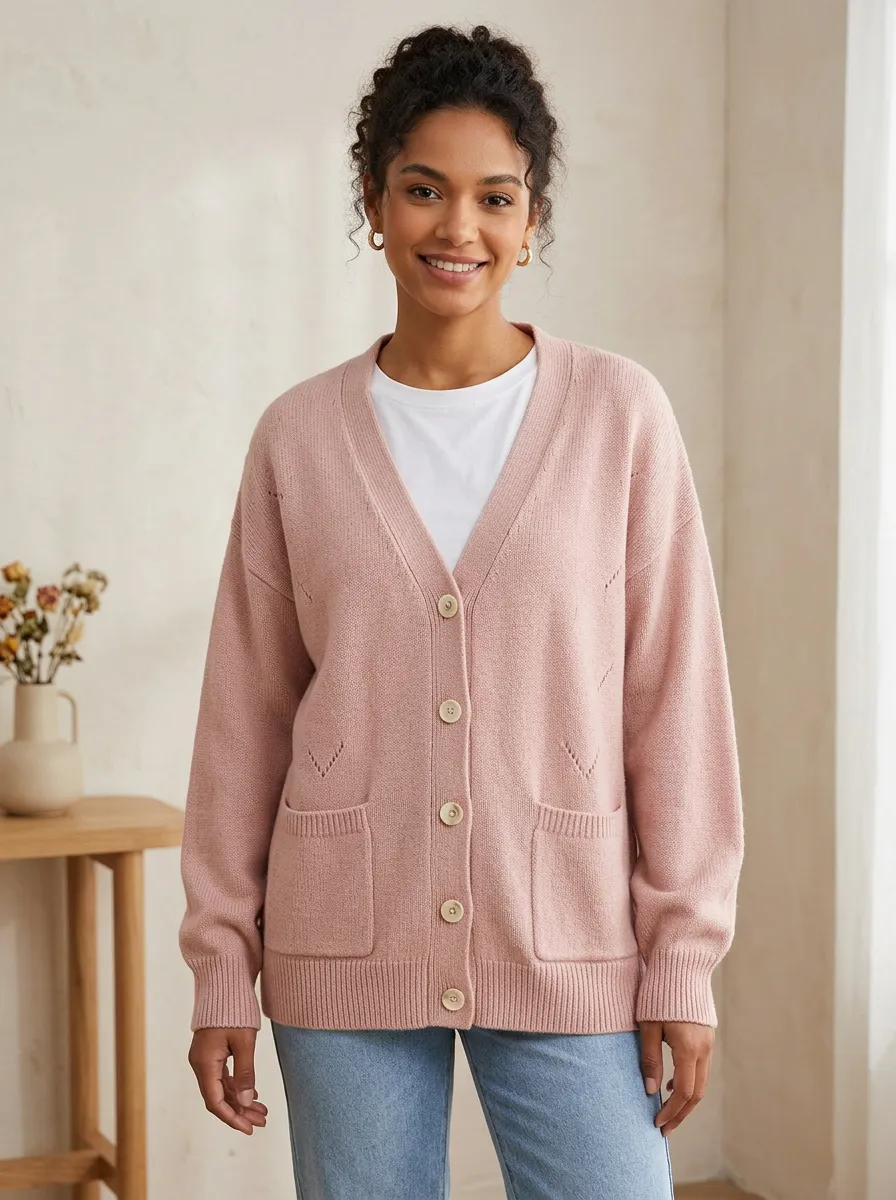 Women's Casual Pink V-Neck Button Down Knit Cardigan