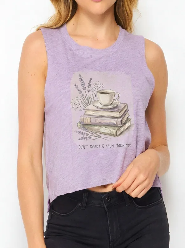Women's Book Lover Coffee Lavender Printed Crop Tank Top