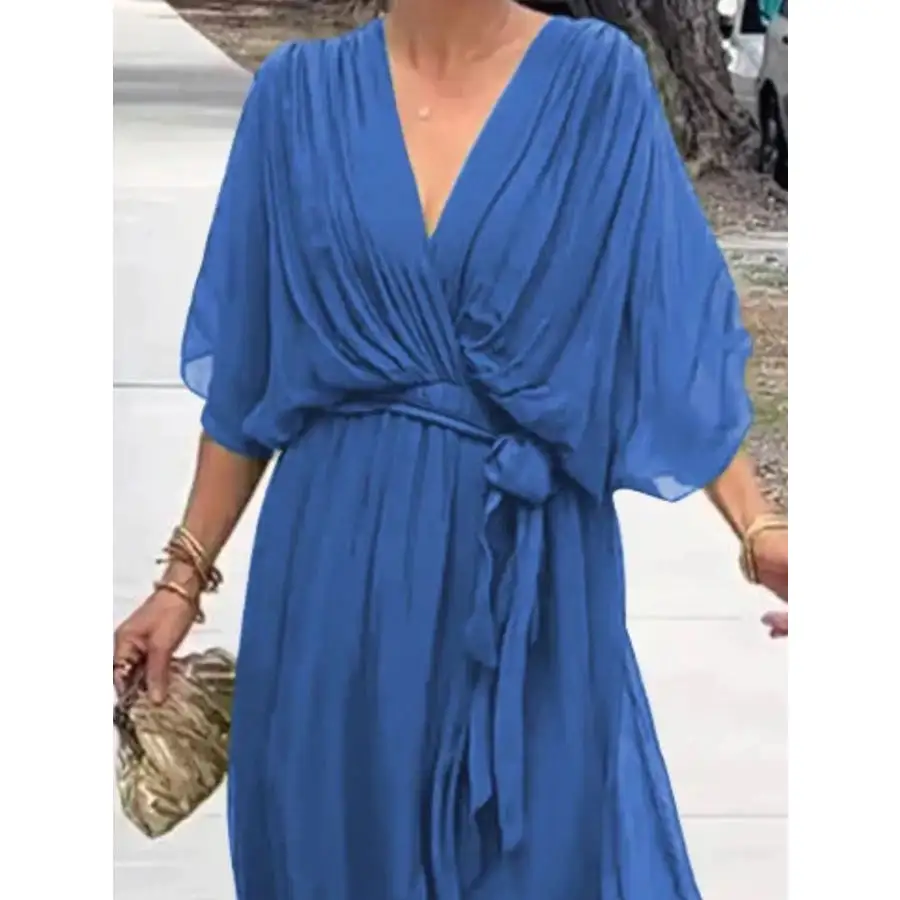 Full Size Flowy Tie Front Midi Dress with Flutter Sleeves Plus Size