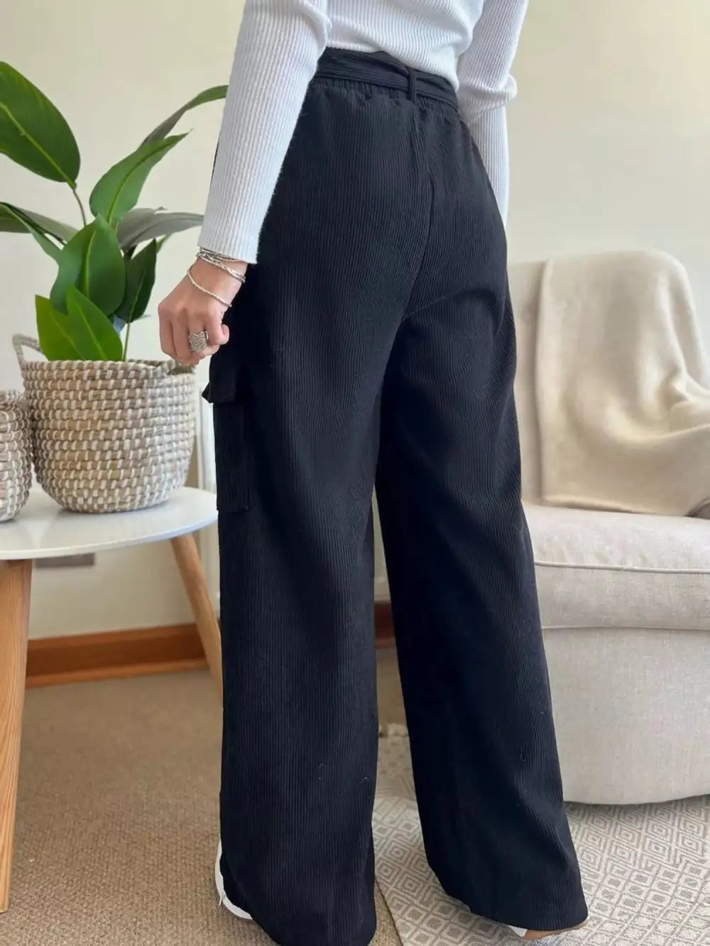 Wide Leg High Waist Elastic Waist Pocketed Pants
