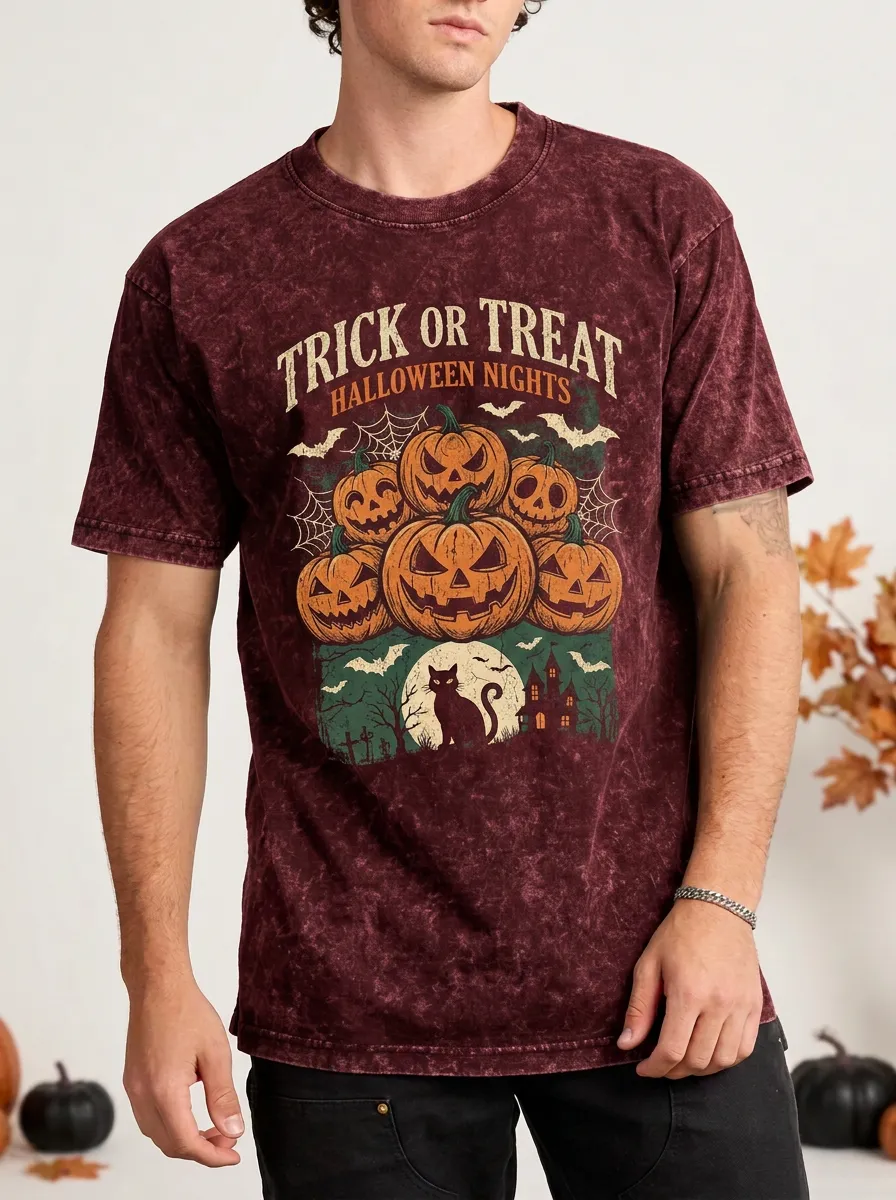 Men's Halloween Trick or Treat Pumpkin Cat Printed T-shirt