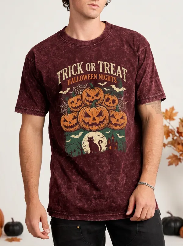 Men's Halloween Trick or Treat Pumpkin Cat Printed T-shirt