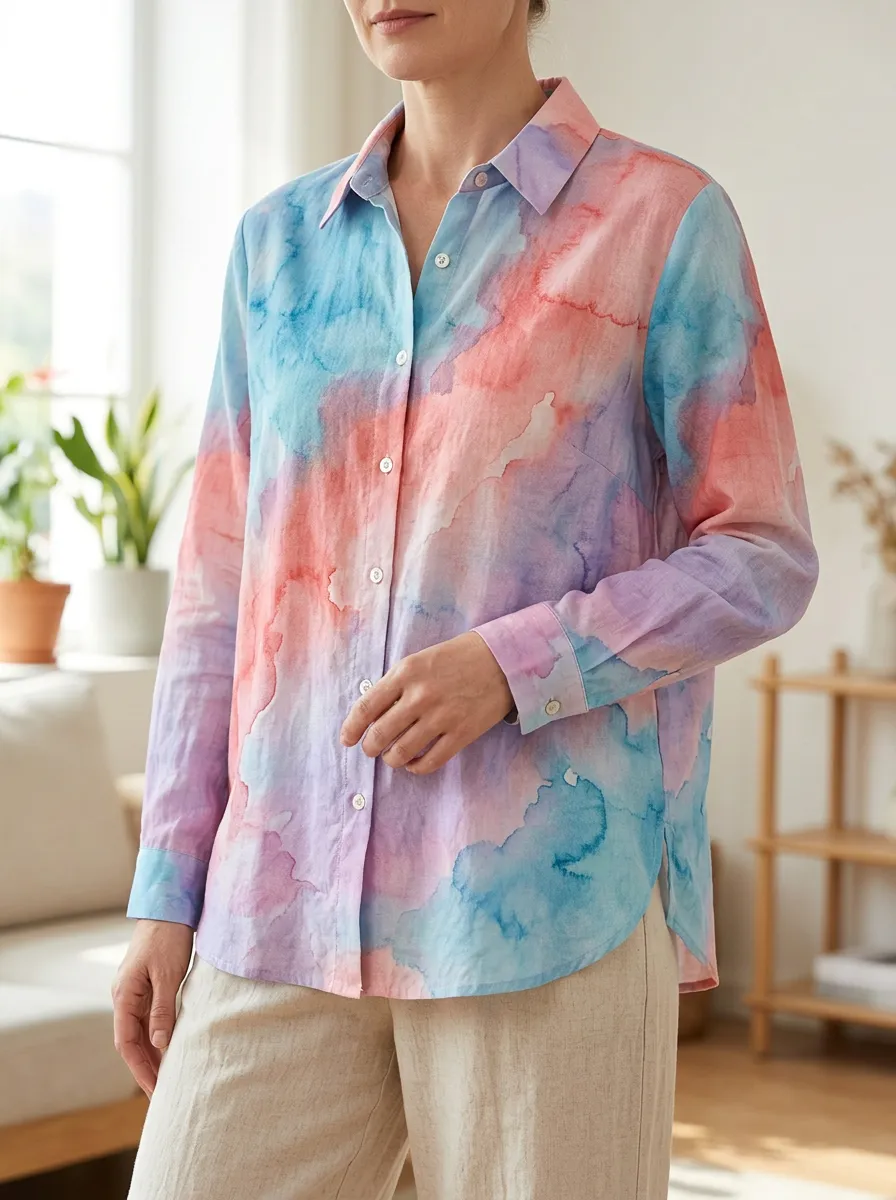 Women's Artful Watercolor Abstract Long Sleeve Shirt