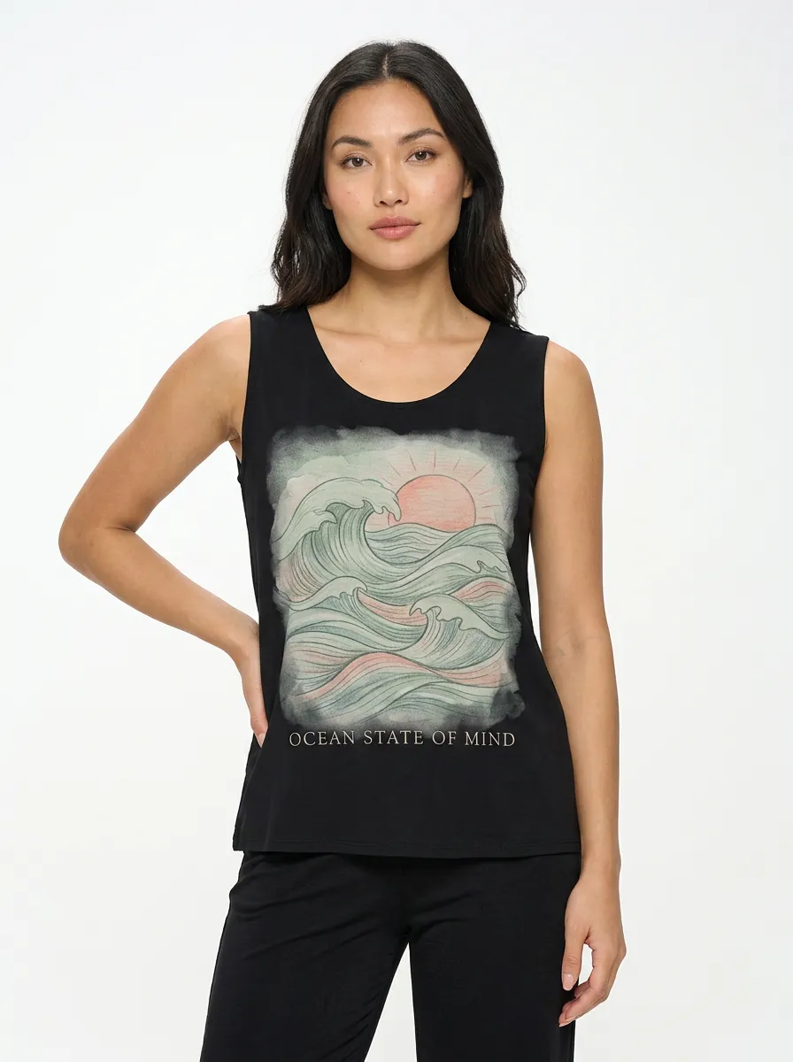 Women's Ocean Lover Sunset Wave Printed Tank Top