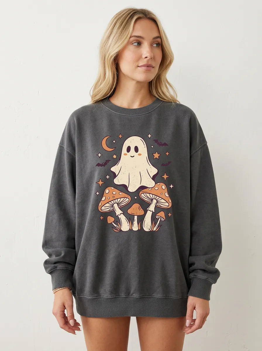 Women's Halloween Ghost Mushroom Stars Printed Sweatshirt