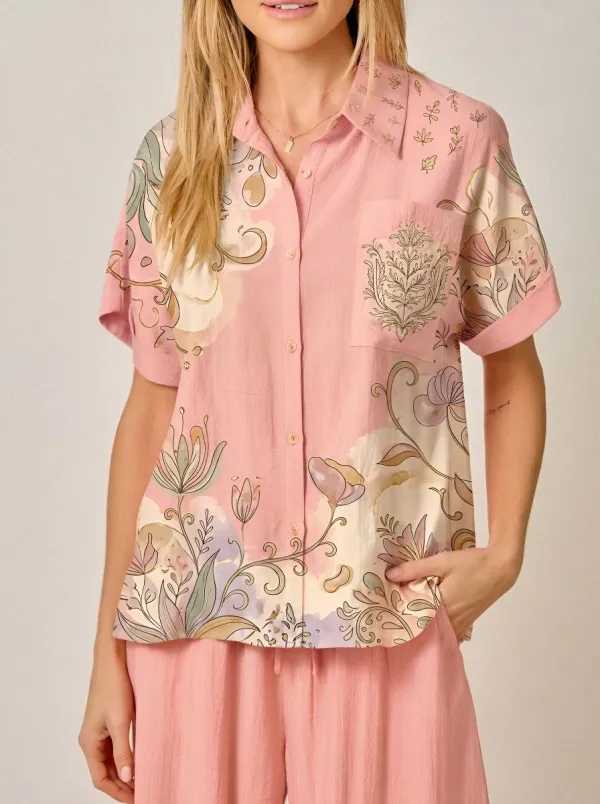 Women's Boho Floral Art Peach Printed Button-up Shirt