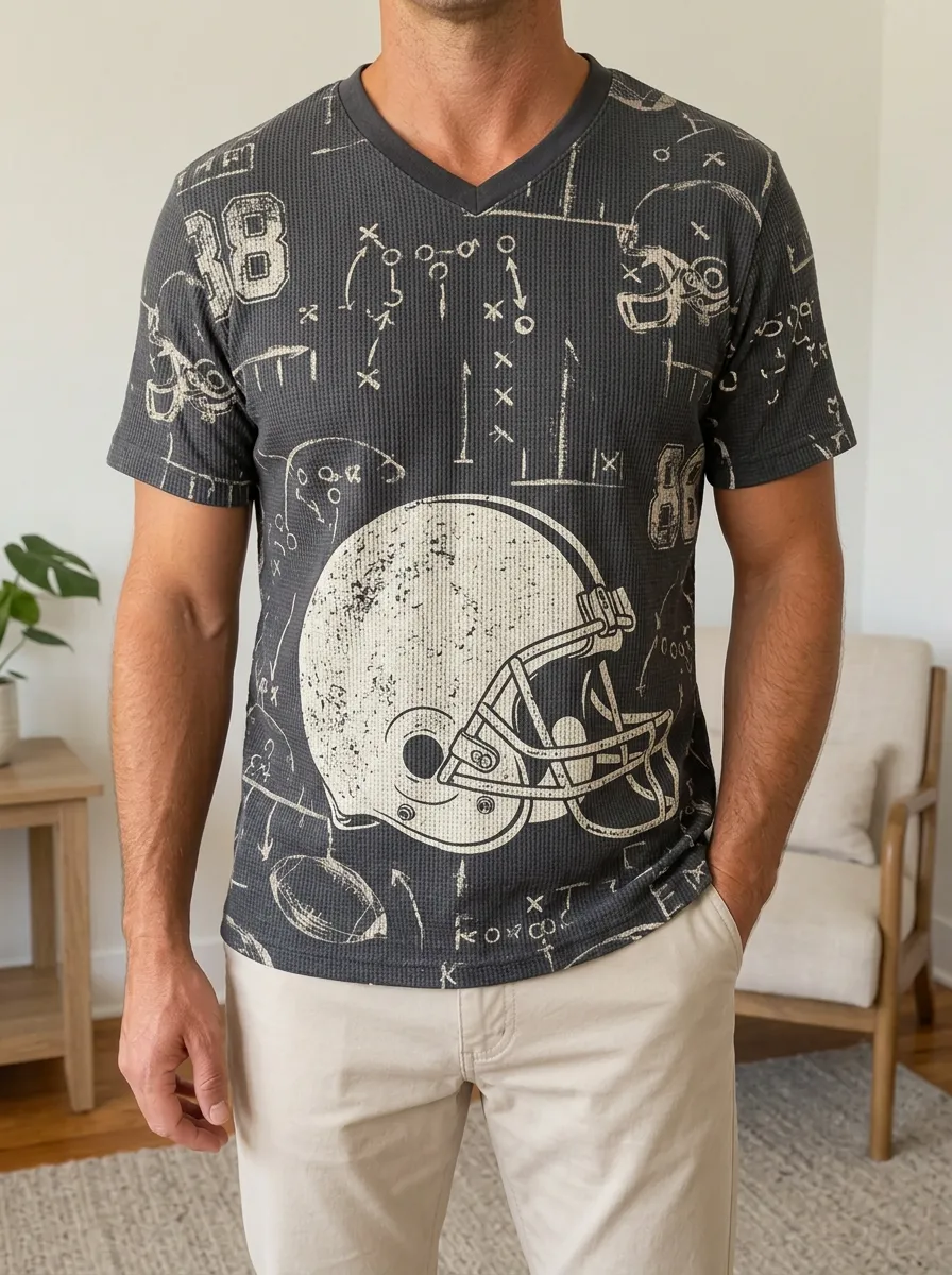 Men's Stadium Football Fan Helmet Playbook Printed Waffle V-Neck Top