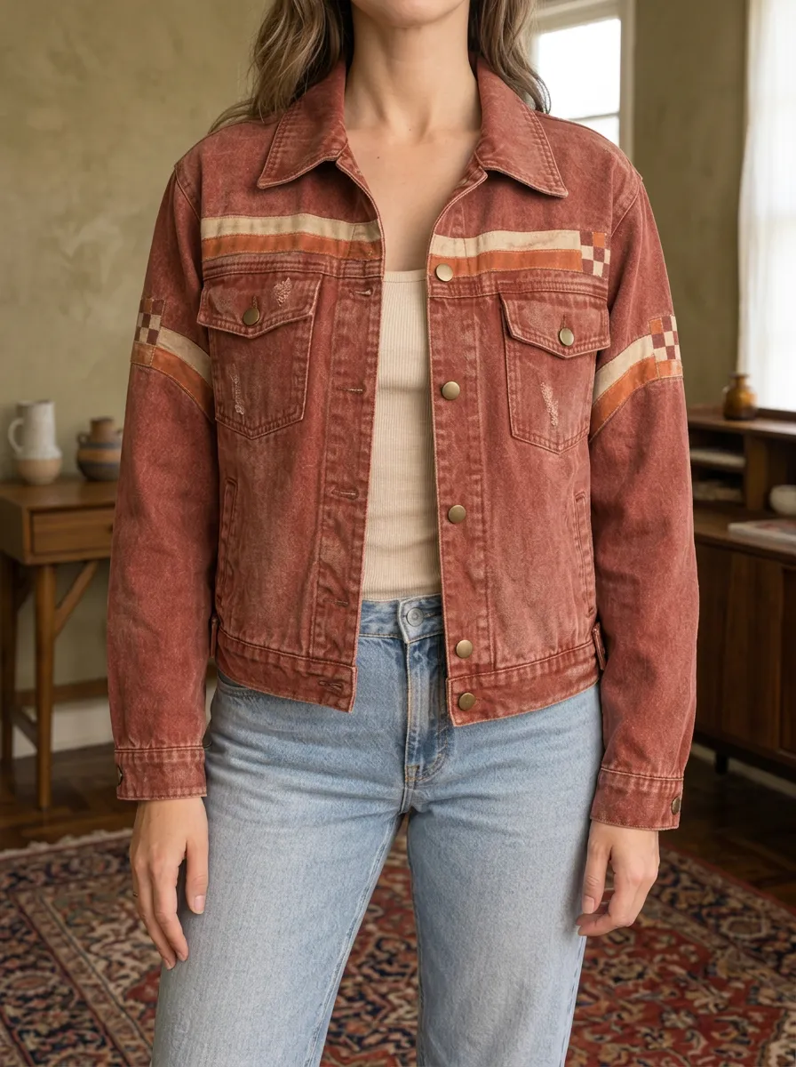 Women's Vintage Retro Striped Checkered Printed Denim Jacket