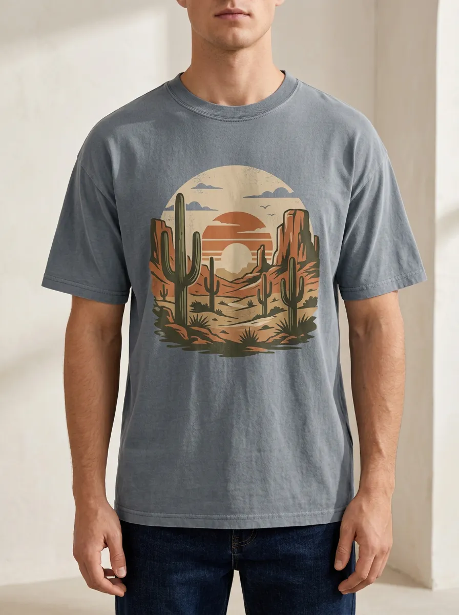 Men's Cactus Sunset Nature Printed T-Shirt