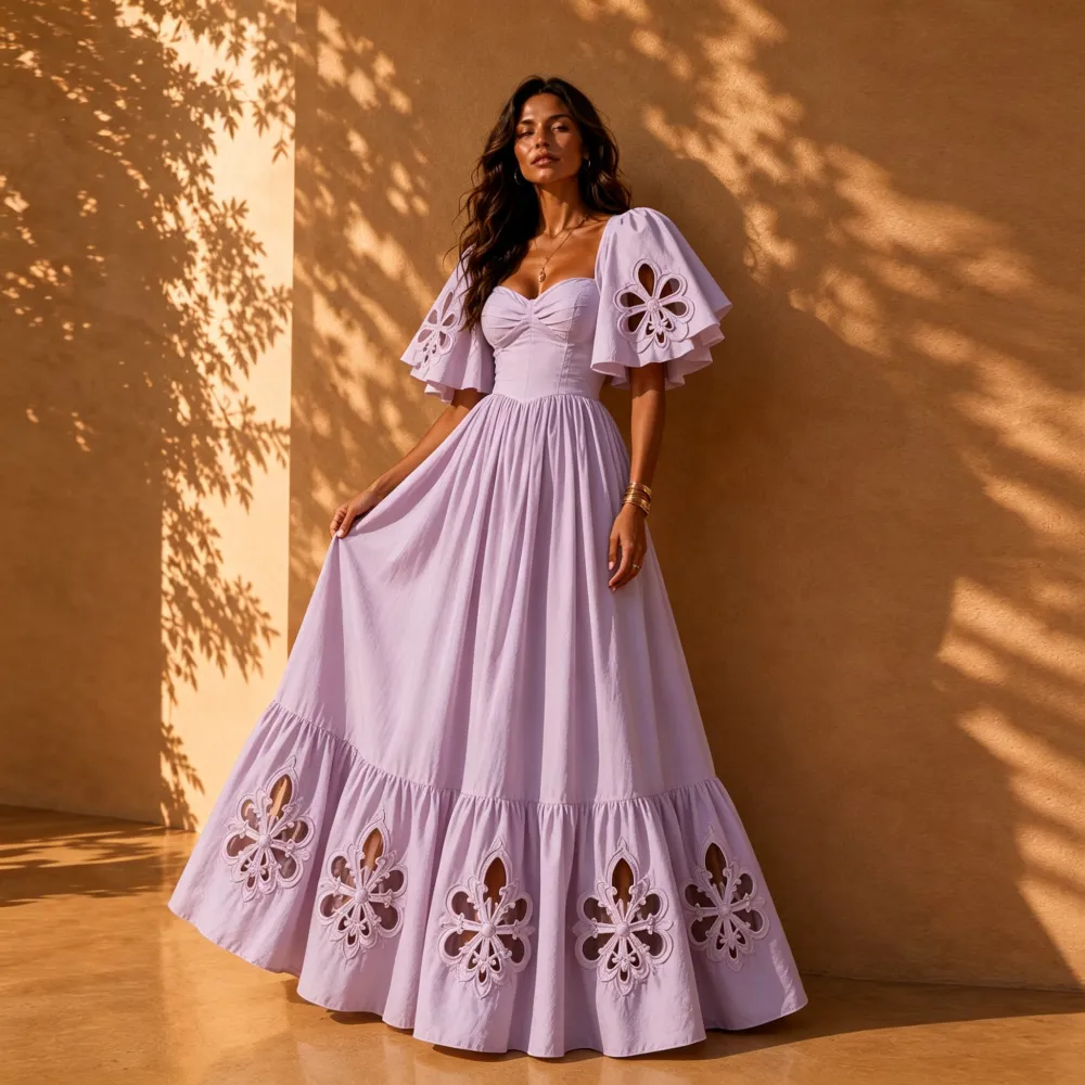Elara Lavender Cut-Out Flutter Sleeve Maxi Dress