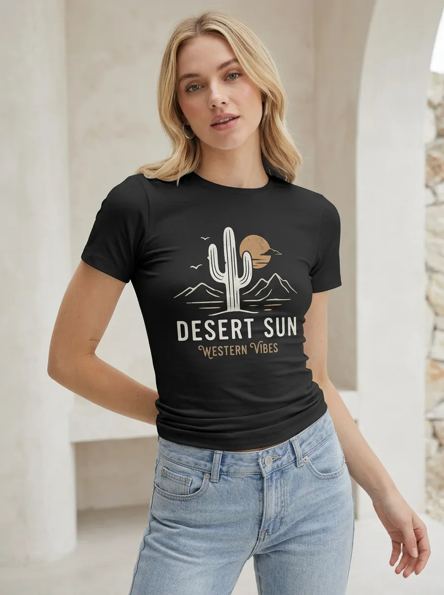 Women's Desert Sun Western Vibes Cactus Mountain Printed T-shirt