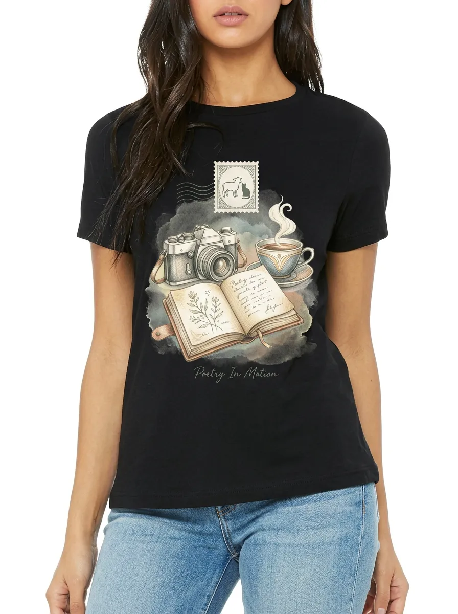 Women's Vintage Camera Coffee Book Stamp Printed T-shirt