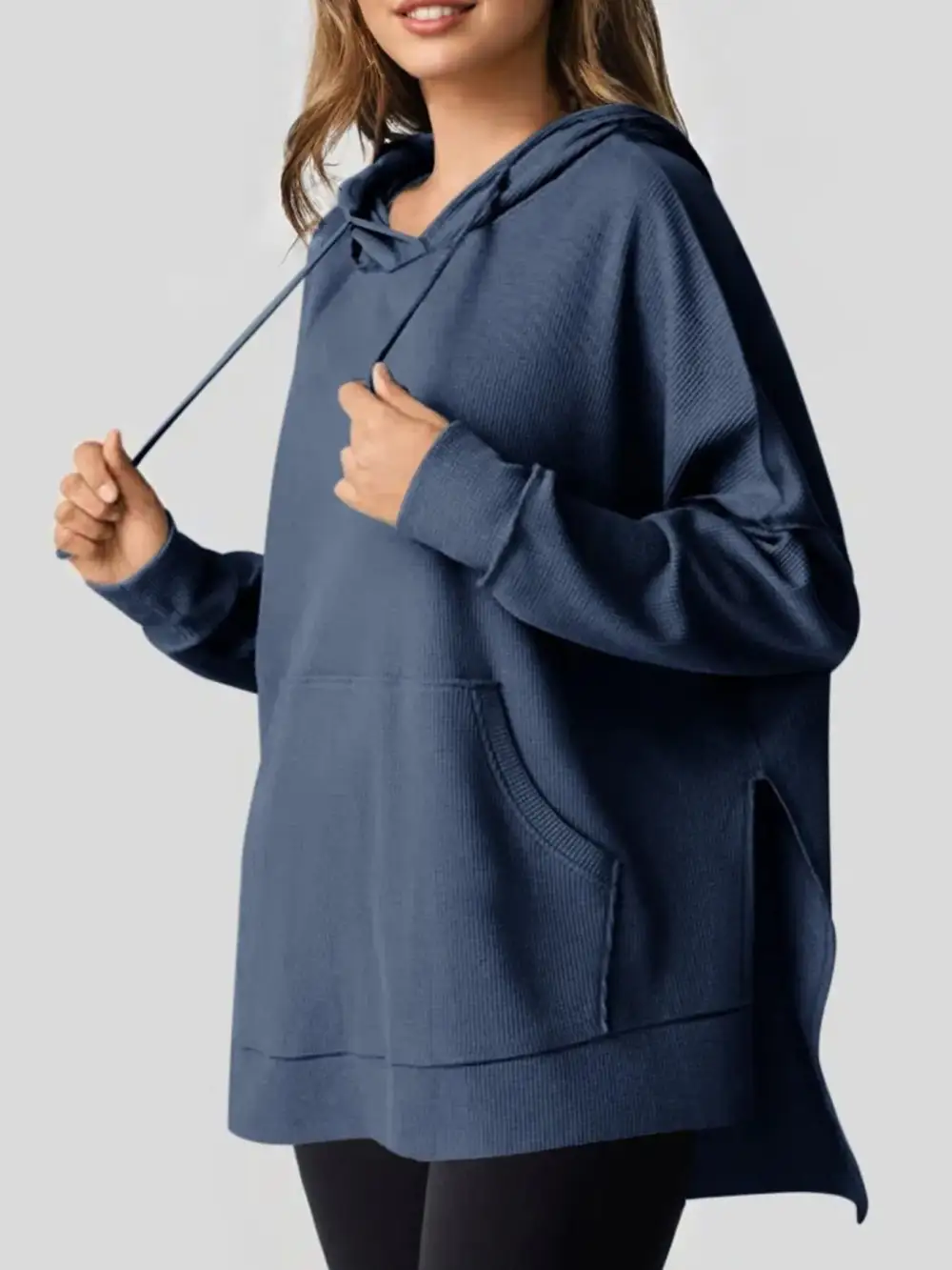 Tailored Drawstring Pocketed Waffle-Textured Knit Hoodie