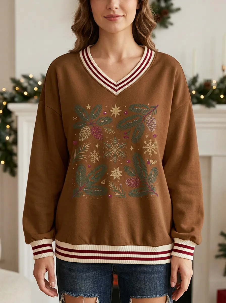 Christmas Pine Cone Snowflake Print V-Neck Sweatshirt
