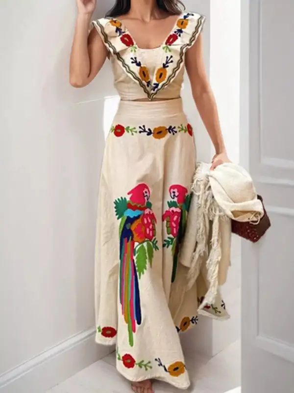 Lightweight Parrot Crop Top And Maxi Skirt Set