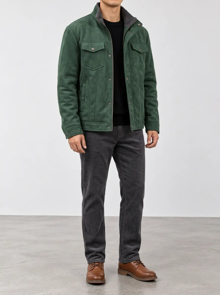 Men's Classic Green Suede-Texture Fleece-Lined Casual Jacket